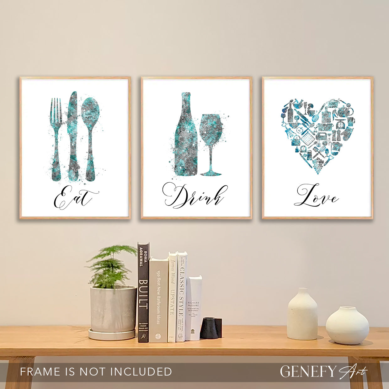 Teal and Grey Kitchen Wall Art - Set of 3
