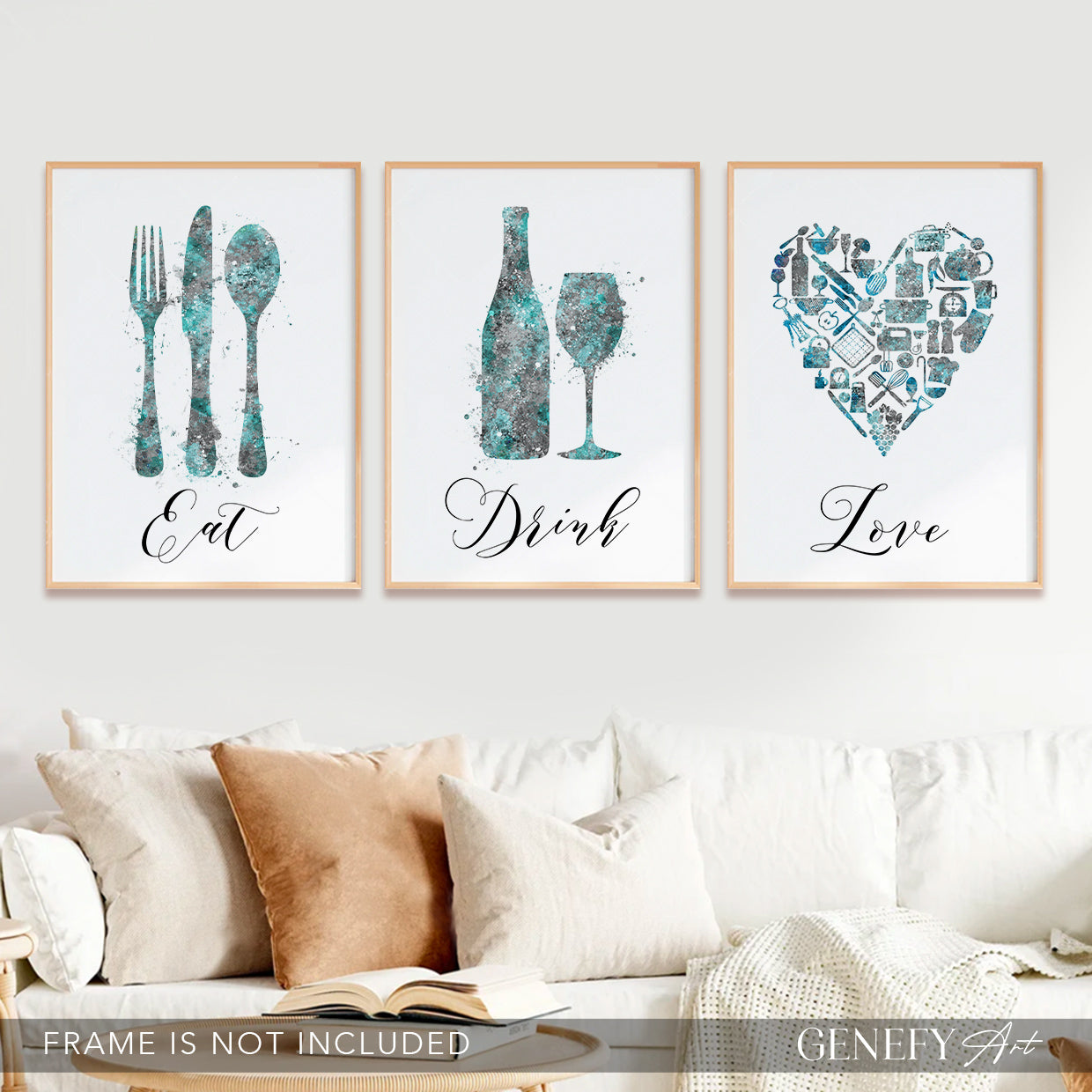 Teal and Grey Kitchen Wall Art - Set of 3