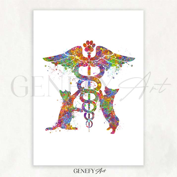 Veterinary Caduceus Medical Symbol Watercolour Print