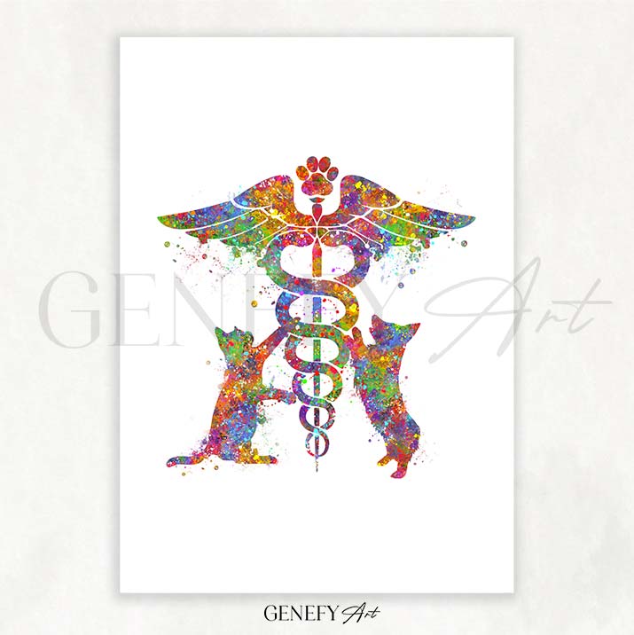 Veterinary Caduceus Medical Symbol Watercolour Print