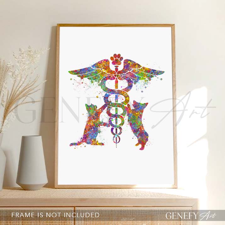 Veterinary Caduceus Medical Symbol Watercolour Print