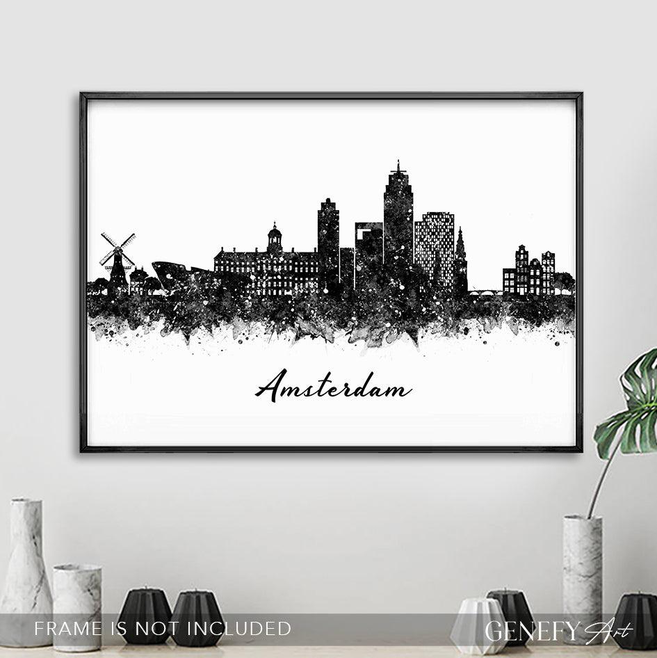 Amsterdam Skyline Black and White Watercolour Art Print