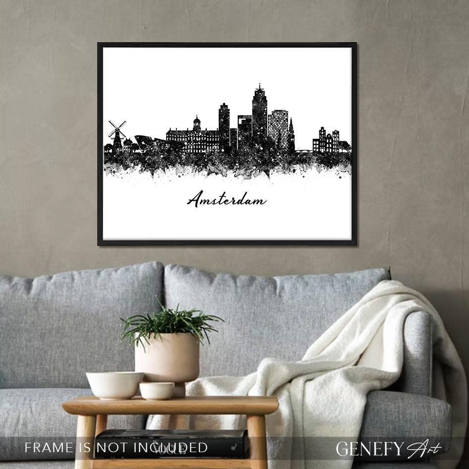 Amsterdam Skyline Black and White Watercolour Art Print