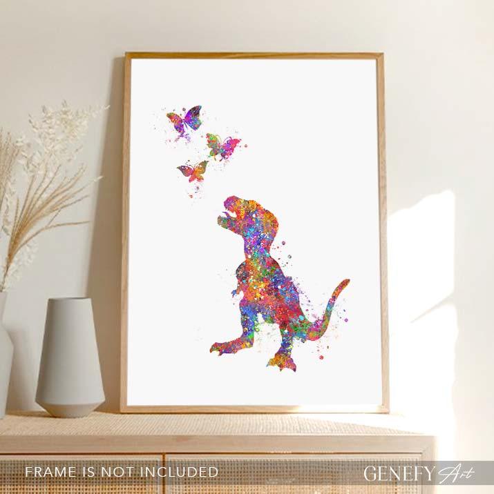 Baby Dinosaur T-Rex and Butterflies Watercolour Print - Genefy Art