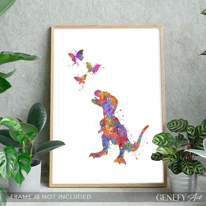 Baby Dinosaur T-Rex and Butterflies Watercolour Print - Genefy Art