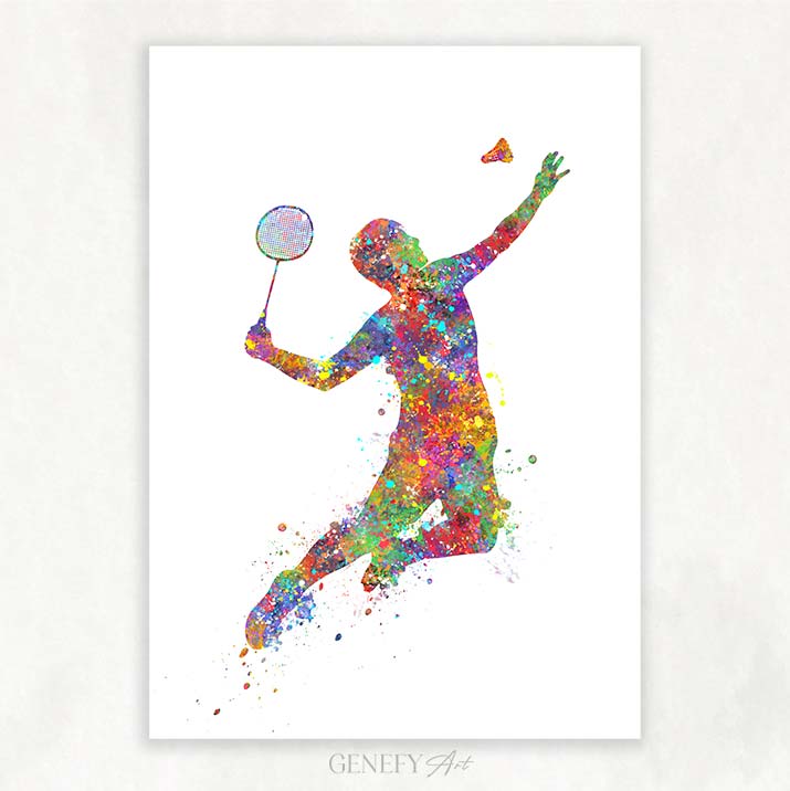 Male Badminton Player Watercolour Print