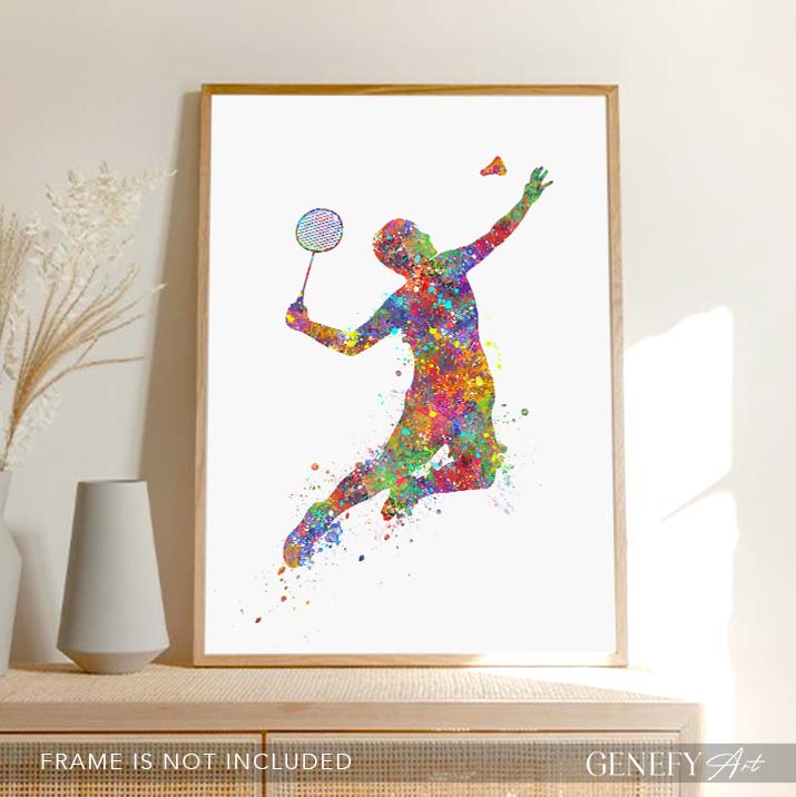 Male Badminton Player Watercolour Print