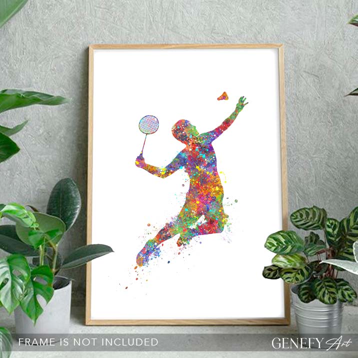 Male Badminton Player Watercolour Print