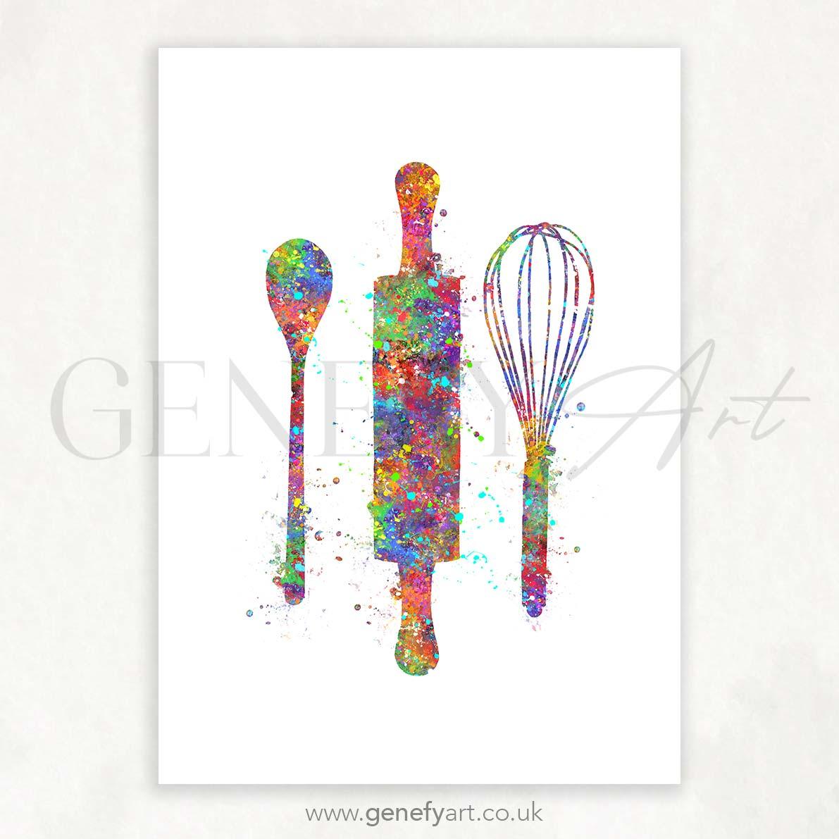 Baking Utensils Watercolour Kitchen Print - Genefy Art