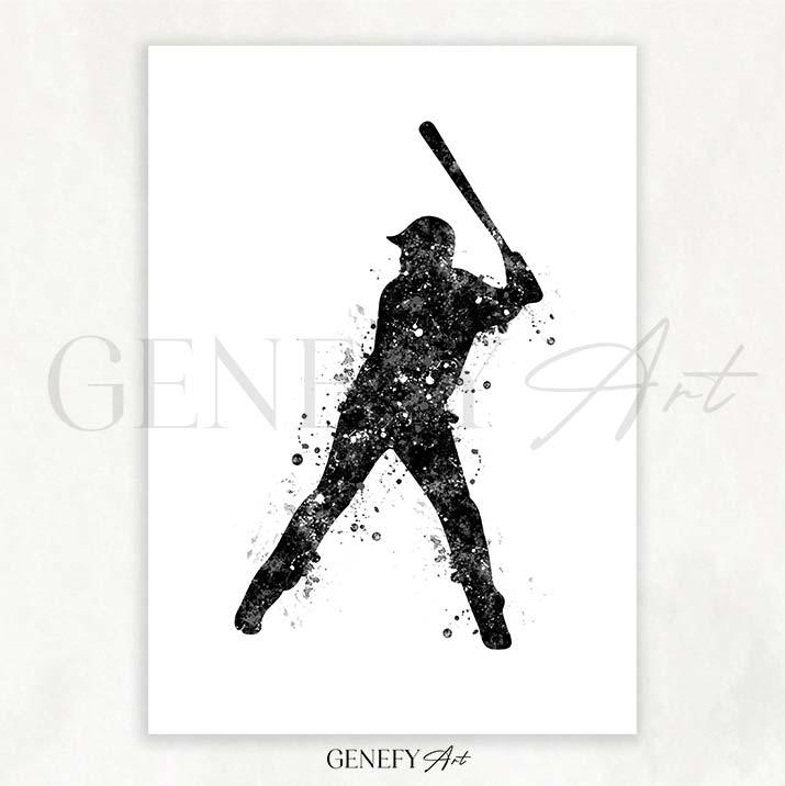 Baseball Player Black and White Watercolour Print - Genefy Art