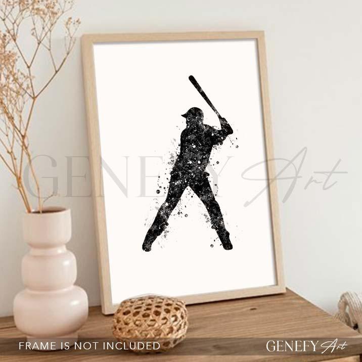 Baseball Player Black and White Watercolour Print - Genefy Art