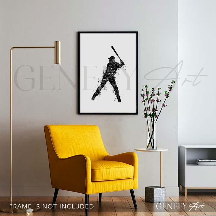 Baseball Player Black and White Watercolour Print - Genefy Art