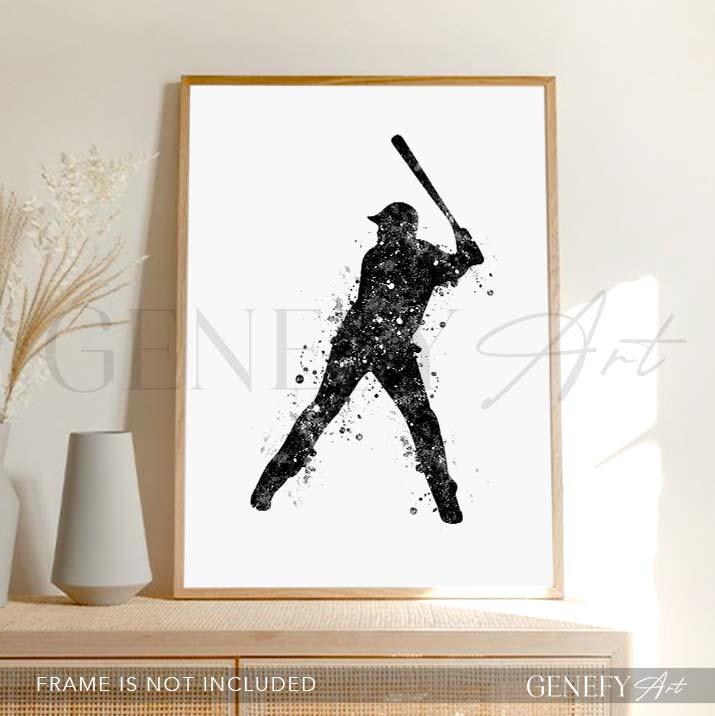 Baseball Player Black and White Watercolour Print - Genefy Art