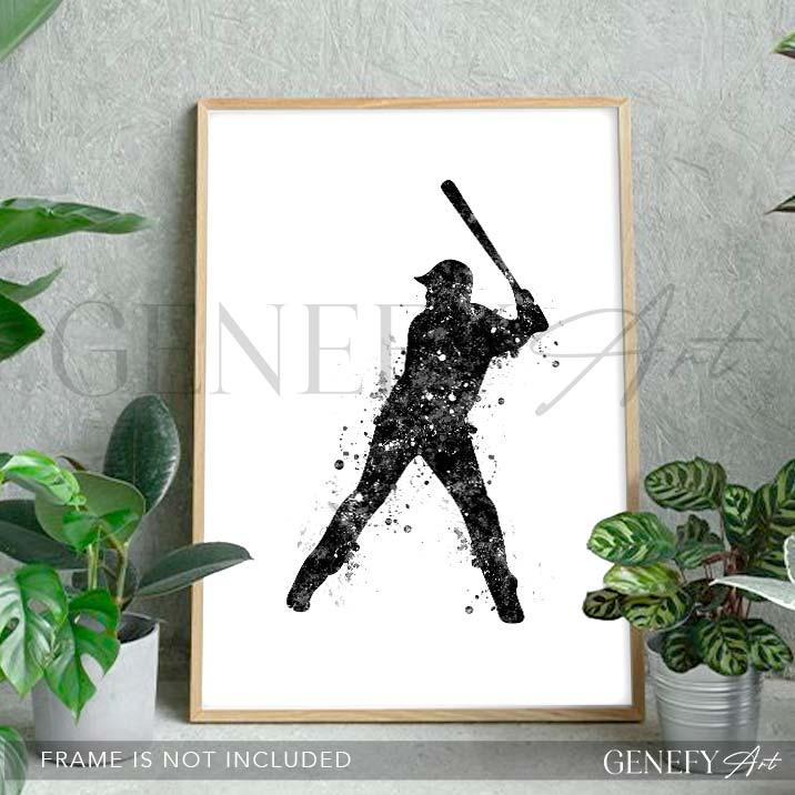Baseball Player Black and White Watercolour Print - Genefy Art