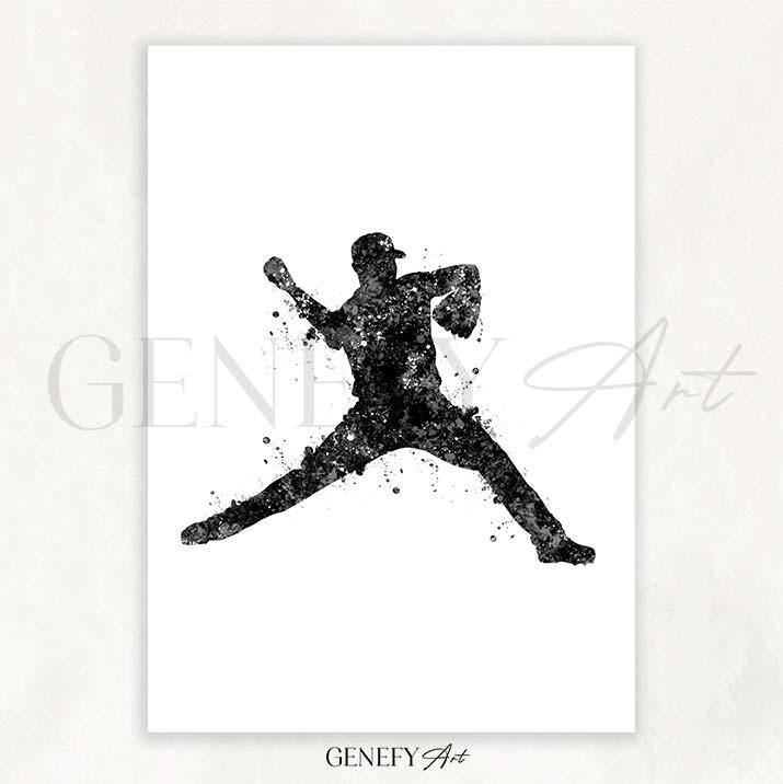 Baseball Player Black and White Watercolour Print - Genefy Art