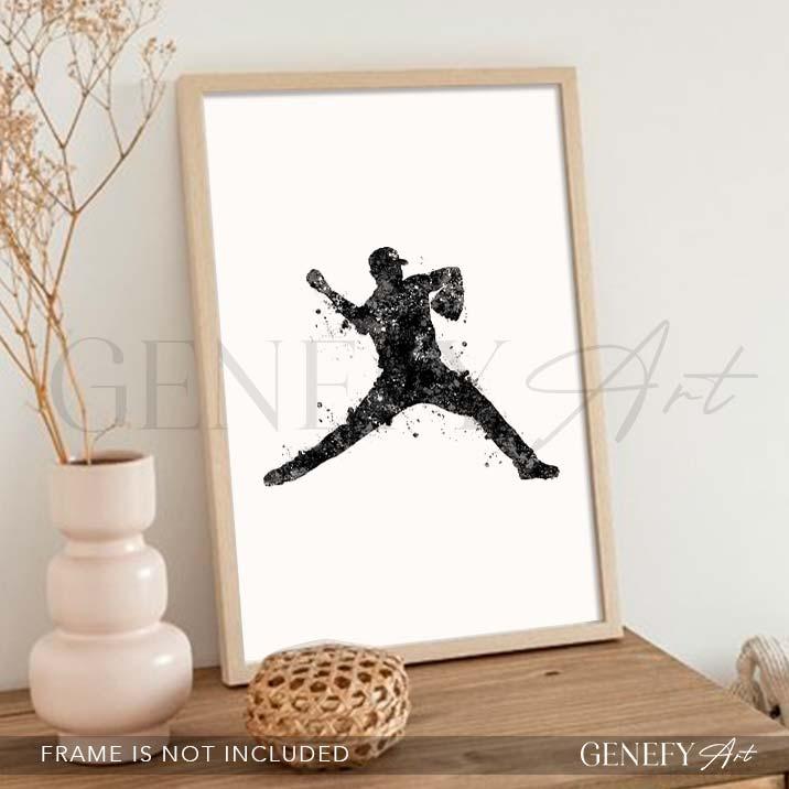 Baseball Player Black and White Watercolour Print - Genefy Art
