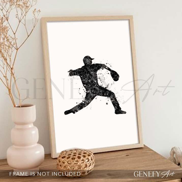 Baseball Player Black and White Watercolour Print - Genefy Art