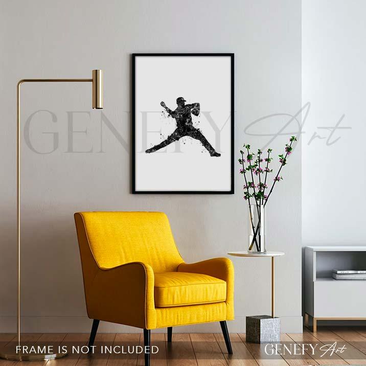 Baseball Player Black and White Watercolour Print - Genefy Art