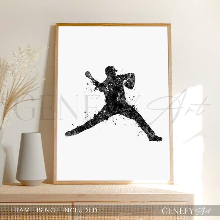 Baseball Player Black and White Watercolour Print - Genefy Art