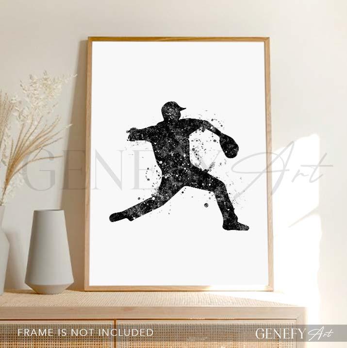 Baseball Player Black and White Watercolour Print - Genefy Art