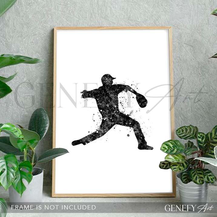 Baseball Player Black and White Watercolour Print - Genefy Art
