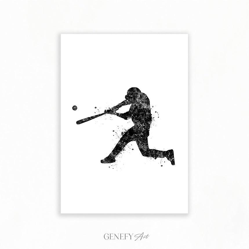 Baseball Player Black and White Watercolour Print - Genefy Art