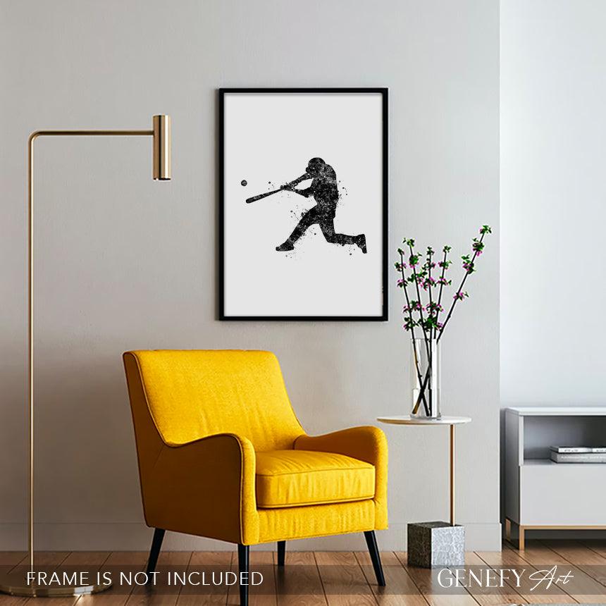 Baseball Player Black and White Watercolour Print - Genefy Art