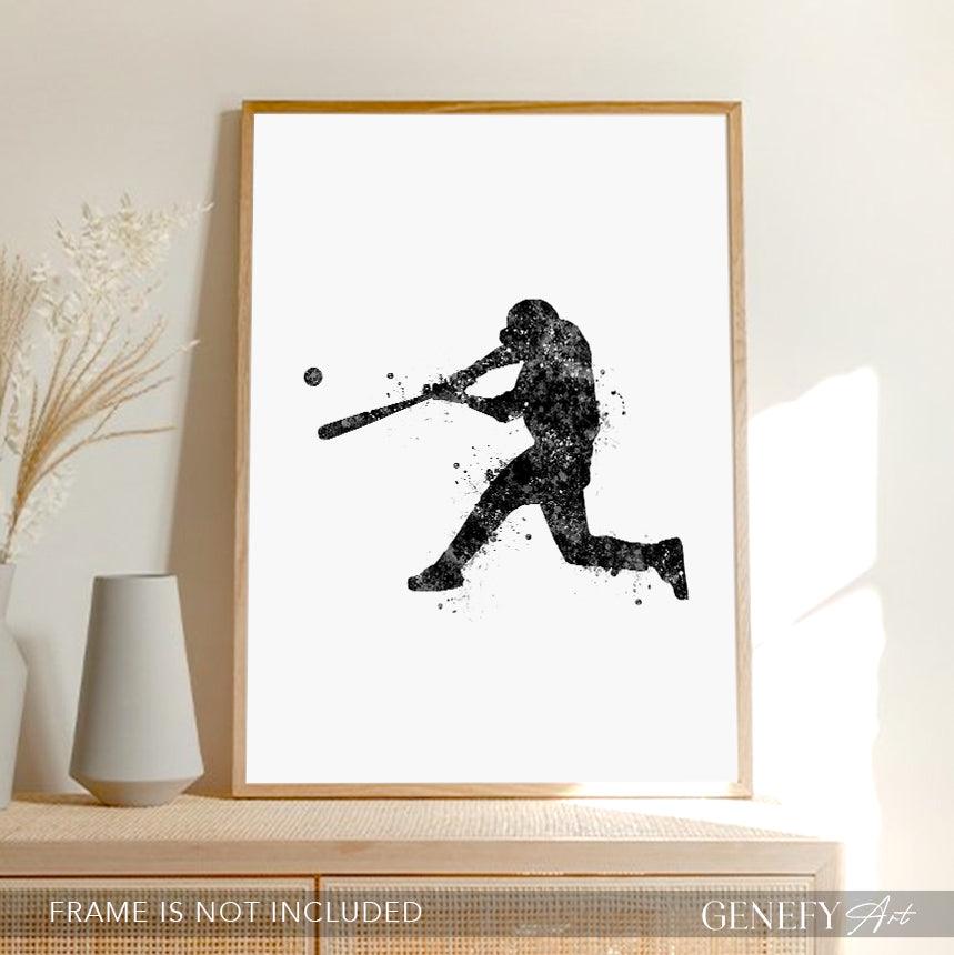 Baseball Player Black and White Watercolour Print - Genefy Art
