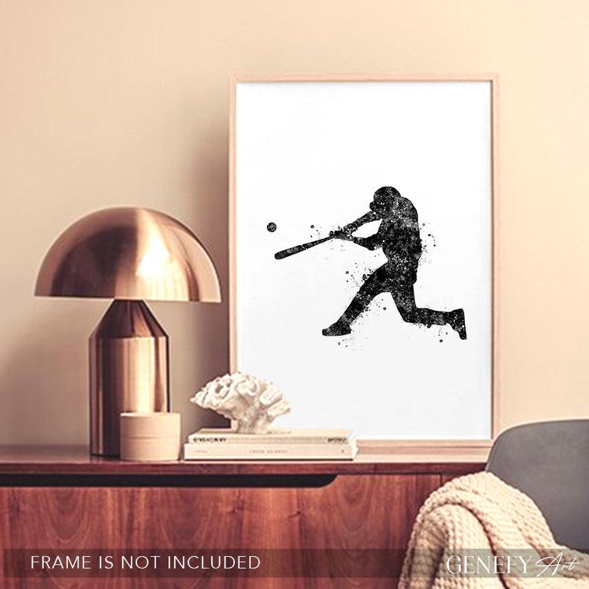 Baseball Player Black and White Watercolour Print - Genefy Art