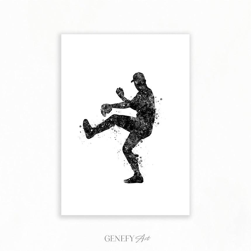 Baseball Player Black and White Watercolour Print - Genefy Art