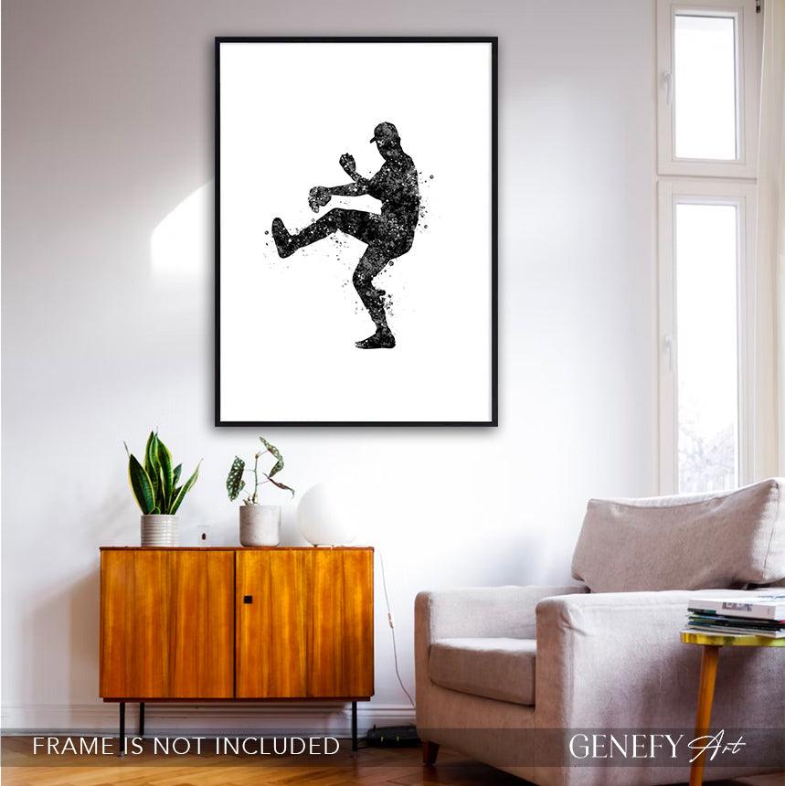 Baseball Player Black and White Watercolour Print - Genefy Art