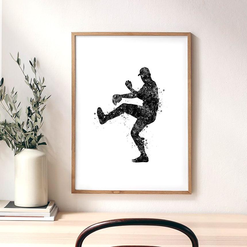 Baseball Player Black and White Watercolour Print - Genefy Art