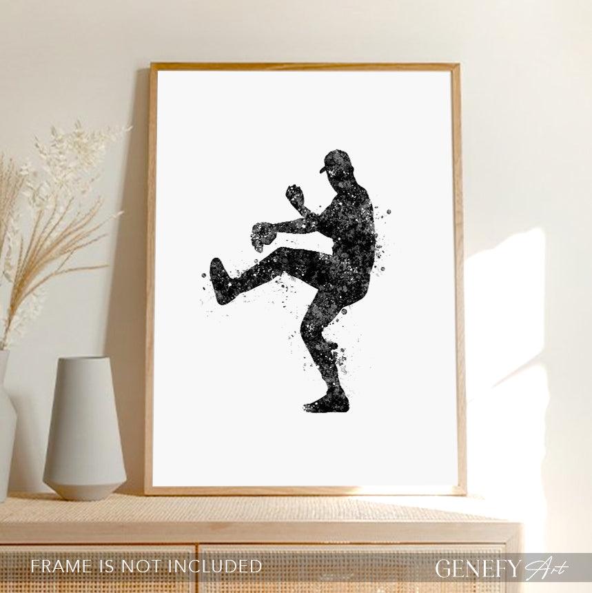 Baseball Player Black and White Watercolour Print - Genefy Art