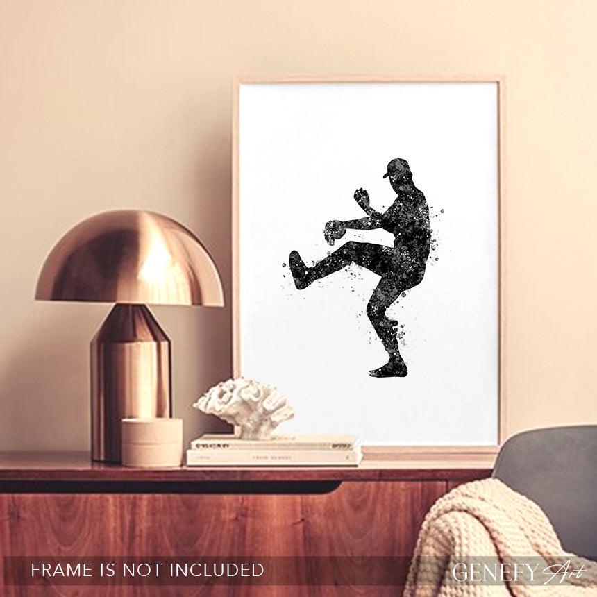 Baseball Player Black and White Watercolour Print - Genefy Art
