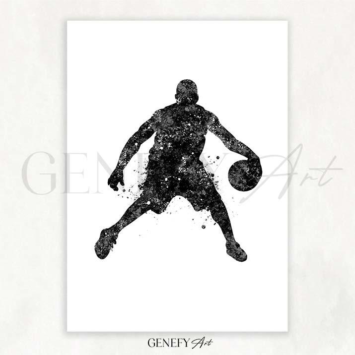 Basketball Player Black and White Watercolour Print - Genefy Art