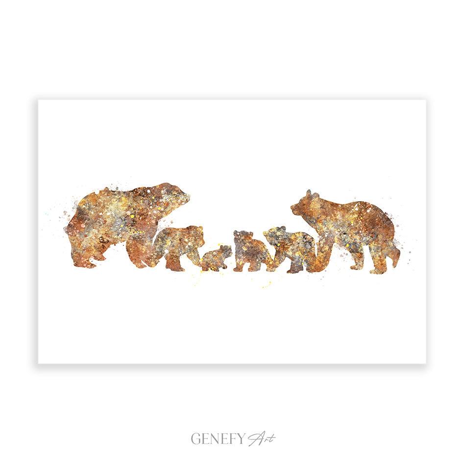 Bear Family of 6 Watercolour Art Print - Genefy Art