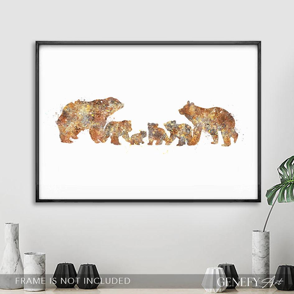 Bear Family of 6 Watercolour Art Print - Genefy Art
