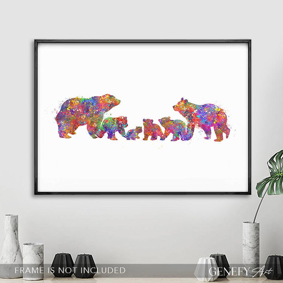 Bear Family of 6 Watercolour Art Print - Genefy Art