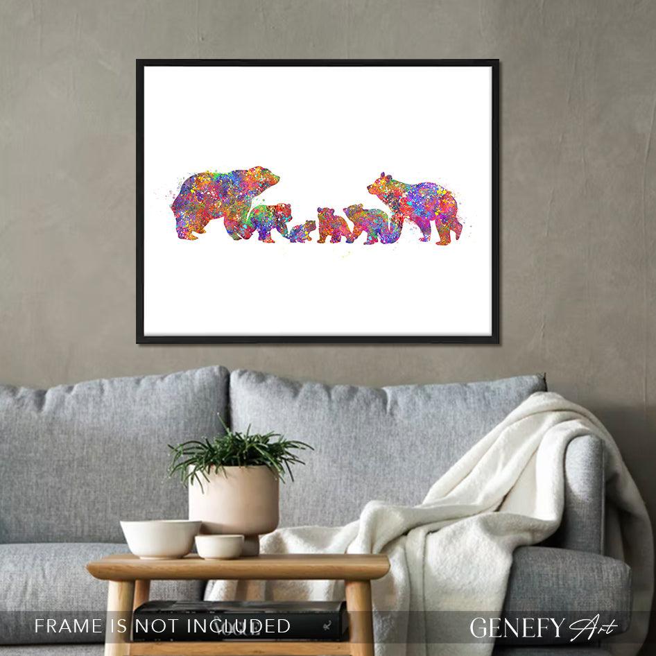 Bear Family of 6 Watercolour Art Print - Genefy Art