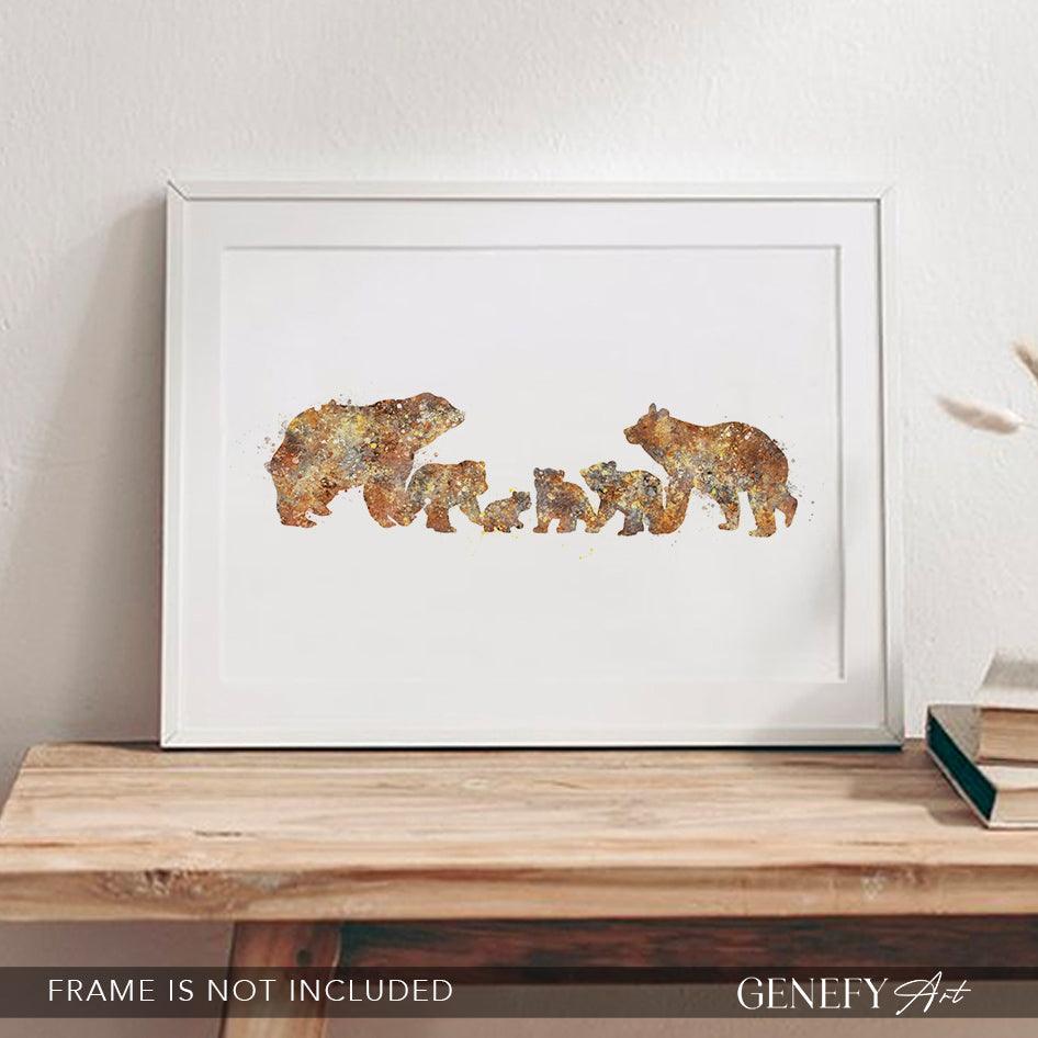 Bear Family of 6 Watercolour Art Print - Genefy Art