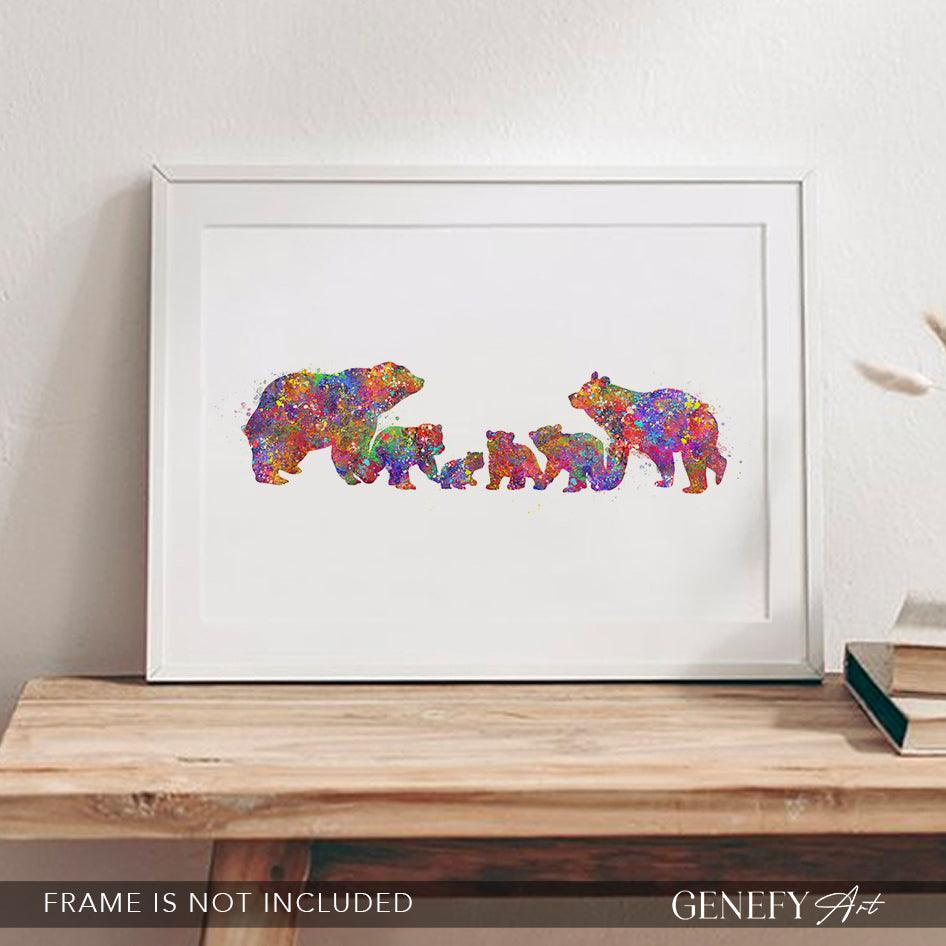 Bear Family of 6 Watercolour Art Print - Genefy Art