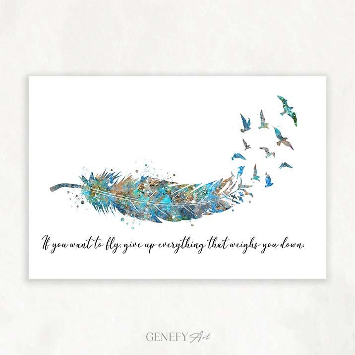 Birds Feather Quote Teal Watercolour Print - Genefy Art