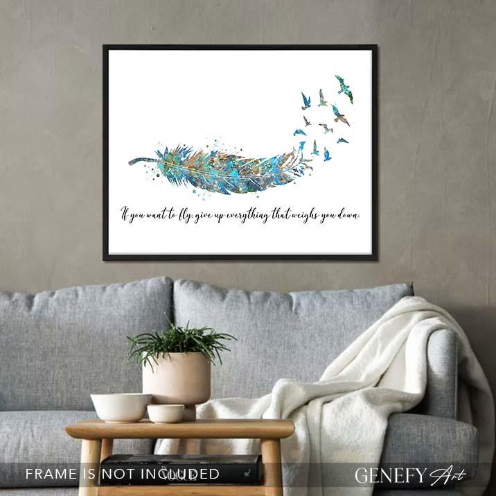 Birds Feather Quote Teal Watercolour Print - Genefy Art
