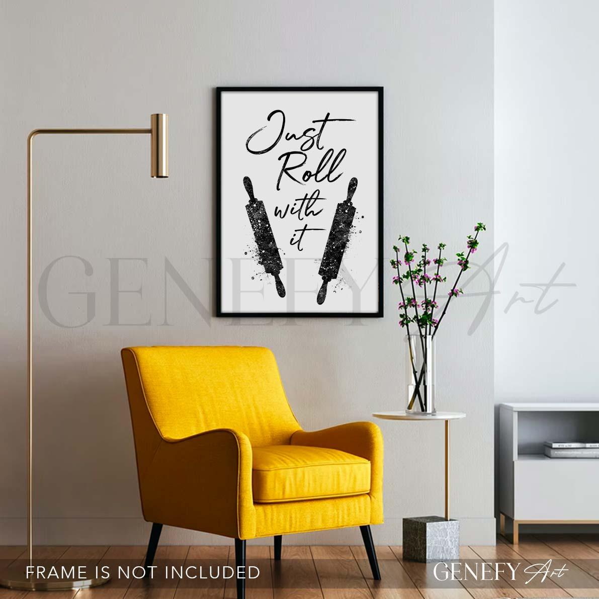 Black and White Kitchen Quote Watercolour Print - Just Roll With It - Genefy Art