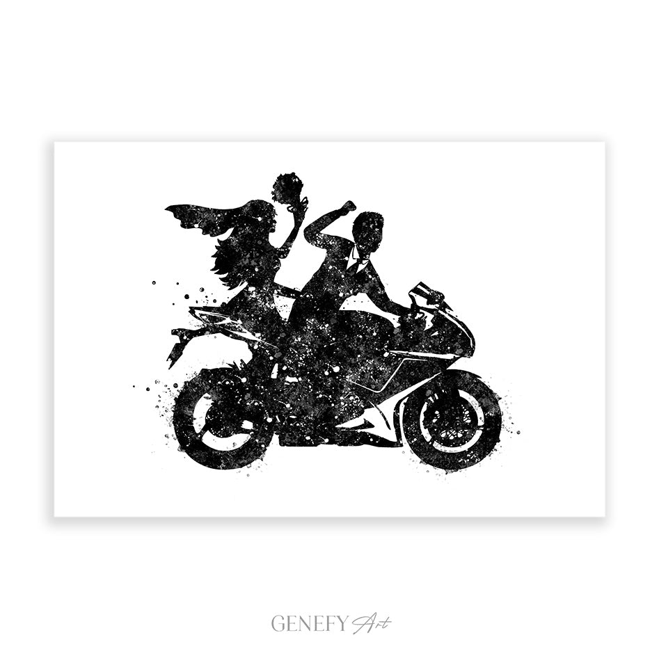 Bride and Groom on Motorbike Black and White Watercolour Print