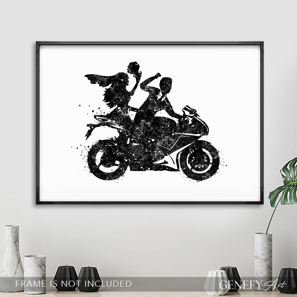 Bride and Groom on Motorbike Black and White Watercolour Print