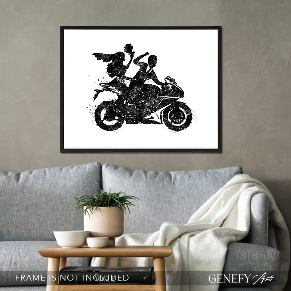 Bride and Groom on Motorbike Black and White Watercolour Print