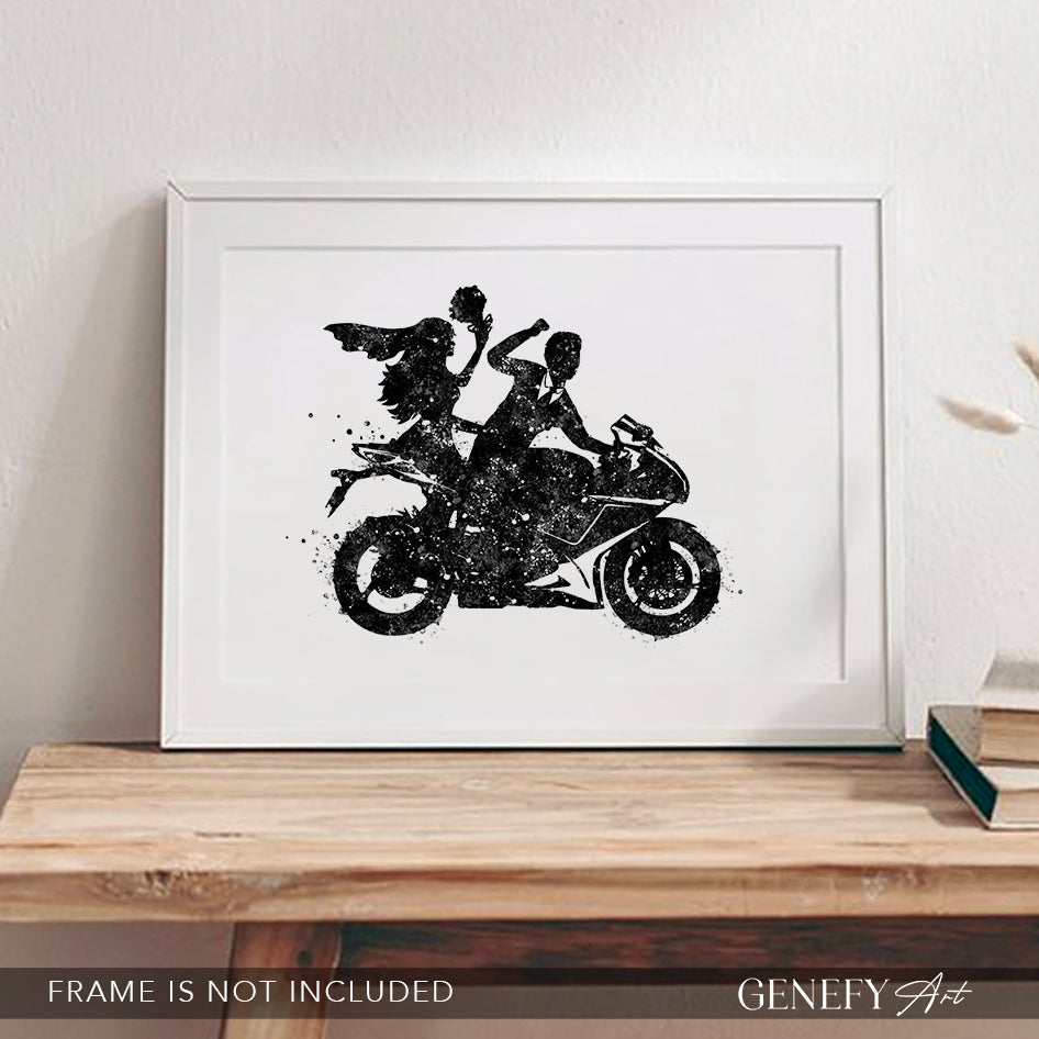 Bride and Groom on Motorbike Black and White Watercolour Print