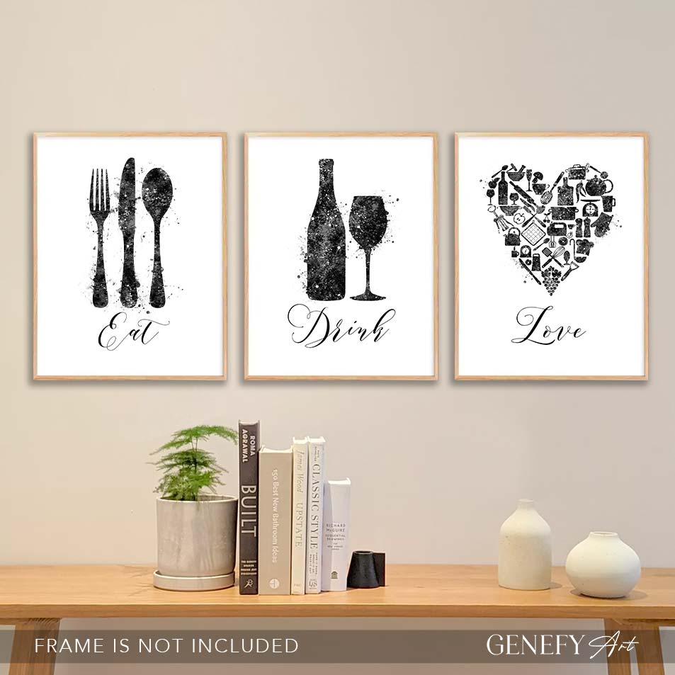 Black and White Kitchen Art -Set of 3 - Genefy Art