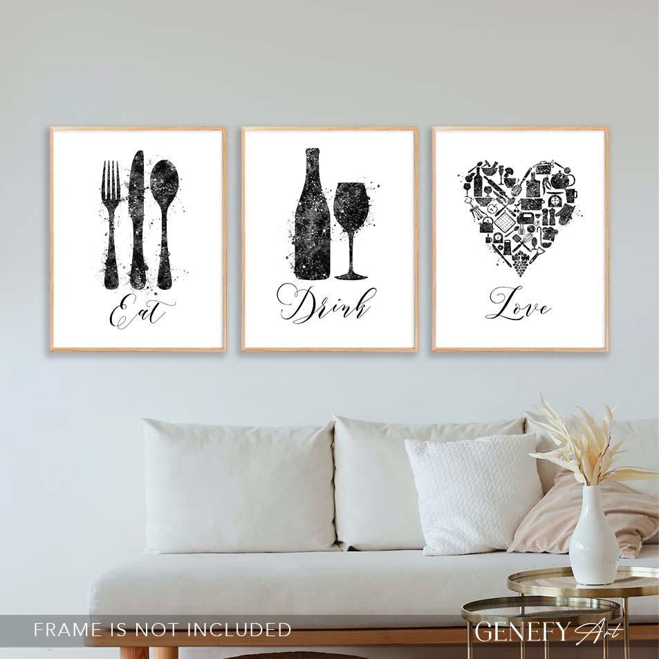 Black and White Kitchen Art -Set of 3 - Genefy Art